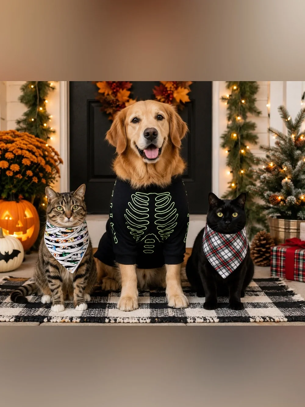 Pet Clothing Halloween & Christmas Bundle XL Skeleton Costume 2 Bandanas